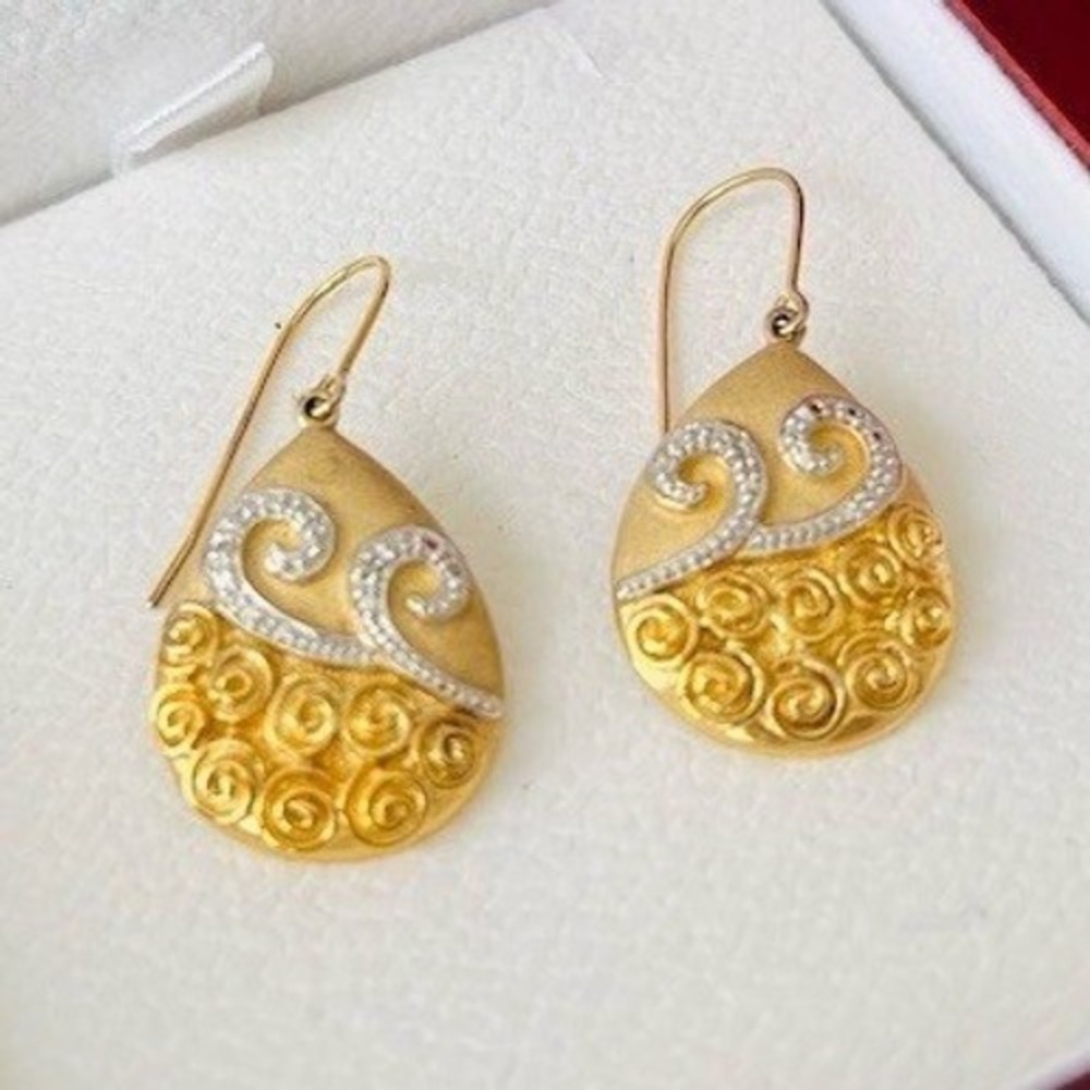 R 14K Gold Sterling Silver 925 Two-Tone Teardrop Filigree Dangle Earrings Swirl
